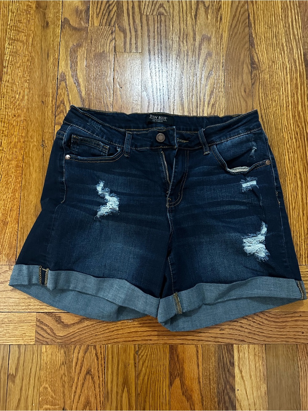 Judy Blue Dark Blue Distressed Rolled Cuff Denim Shorts